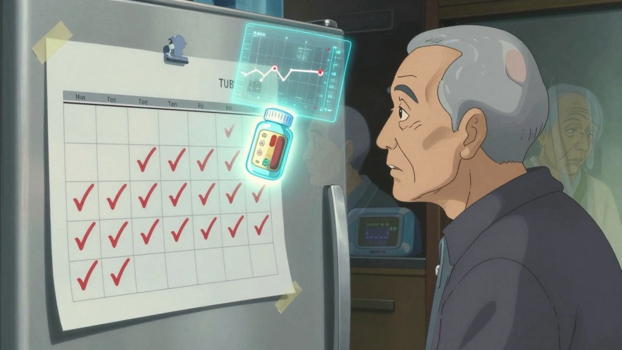An elderly man with a printed calendar full of checkmarks, a glowing pill bottle projecting his health progress on the wall behind him.