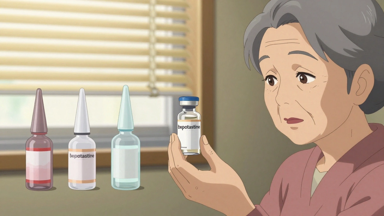 An elderly woman receiving preservative-free bepotastine vial, with transparent comparisons to other eye drops.