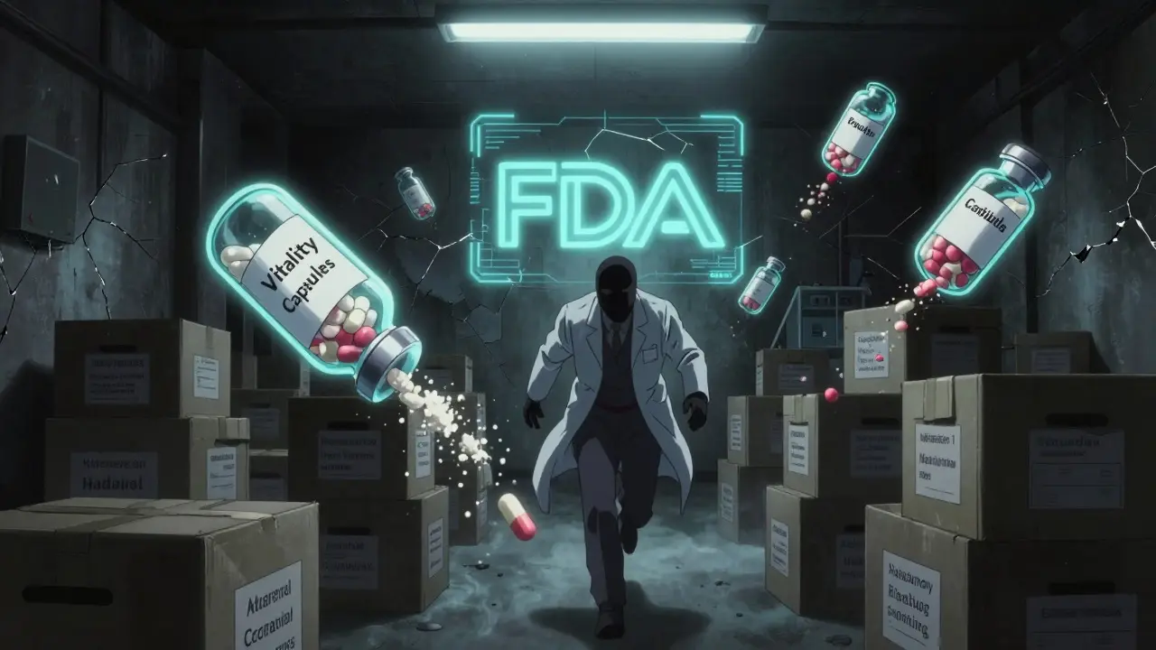 An underground lab with swirling supplement powders and holographic FDA alerts in neon-lit shadows.