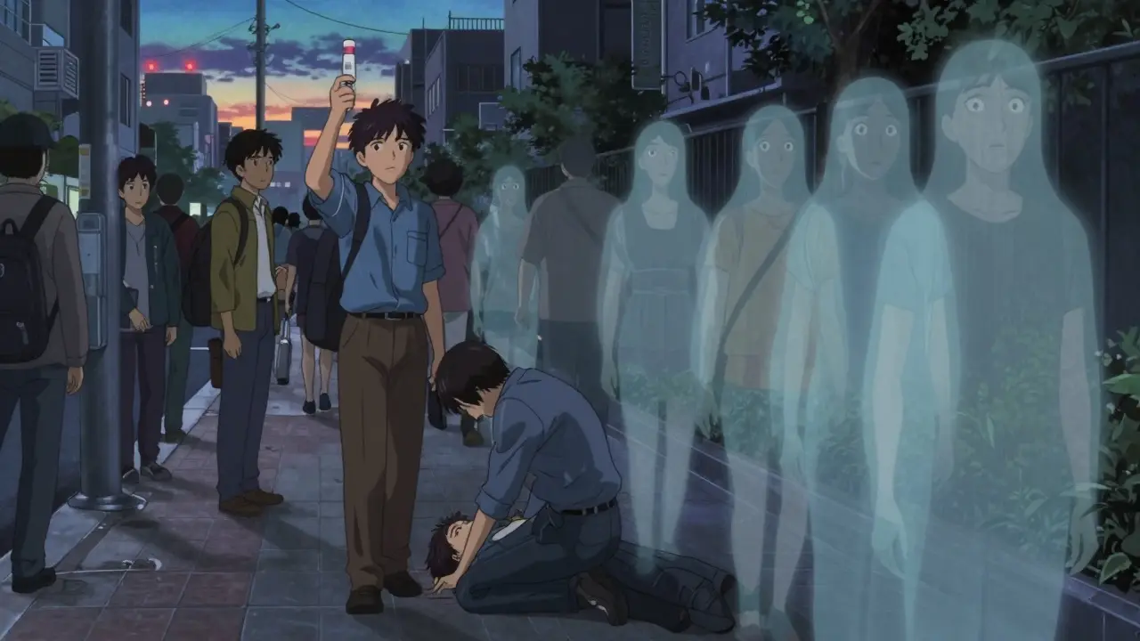 Bystanders in a city street react to an overdose, one holding naloxone, ghostly figures fading into the crowd at dusk.