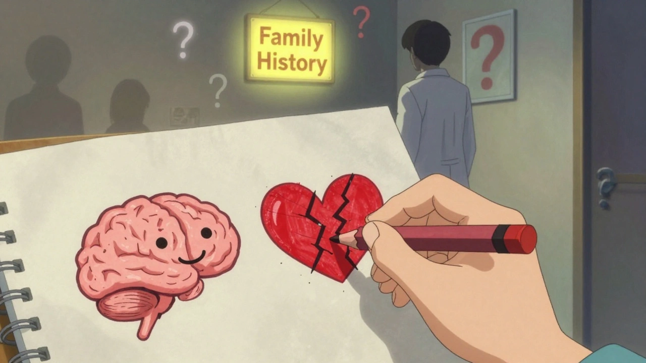 Child&#039;s drawing of brain and cracked heart, with invisible warnings floating in a quiet room.