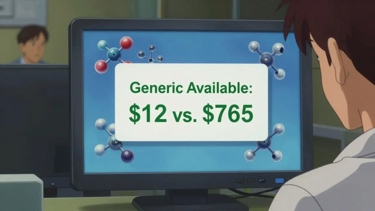 Doctor's screen displaying a generic drug cost comparison with molecular structures floating nearby.