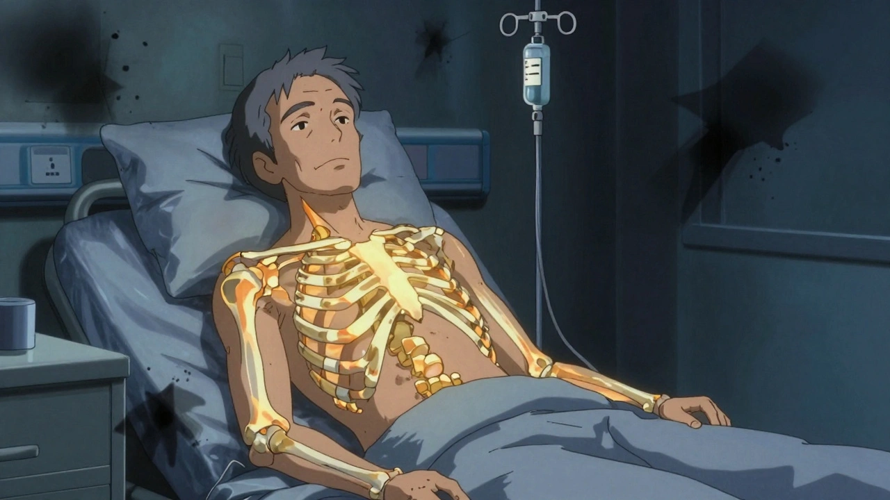 Elderly man receiving IV bone treatment, glowing skeletal energy patterns visible as fractures dissolve.