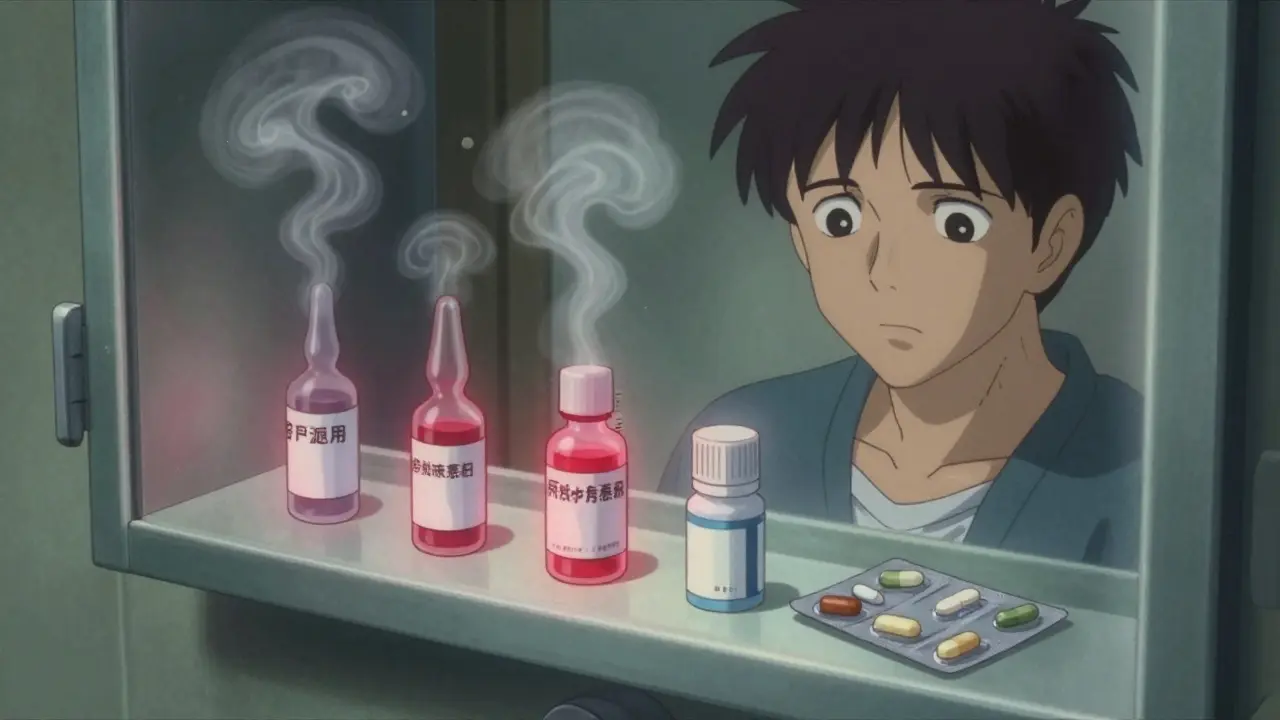 Expired medications in a steamy bathroom glow with red auras, reflecting inner turmoil.