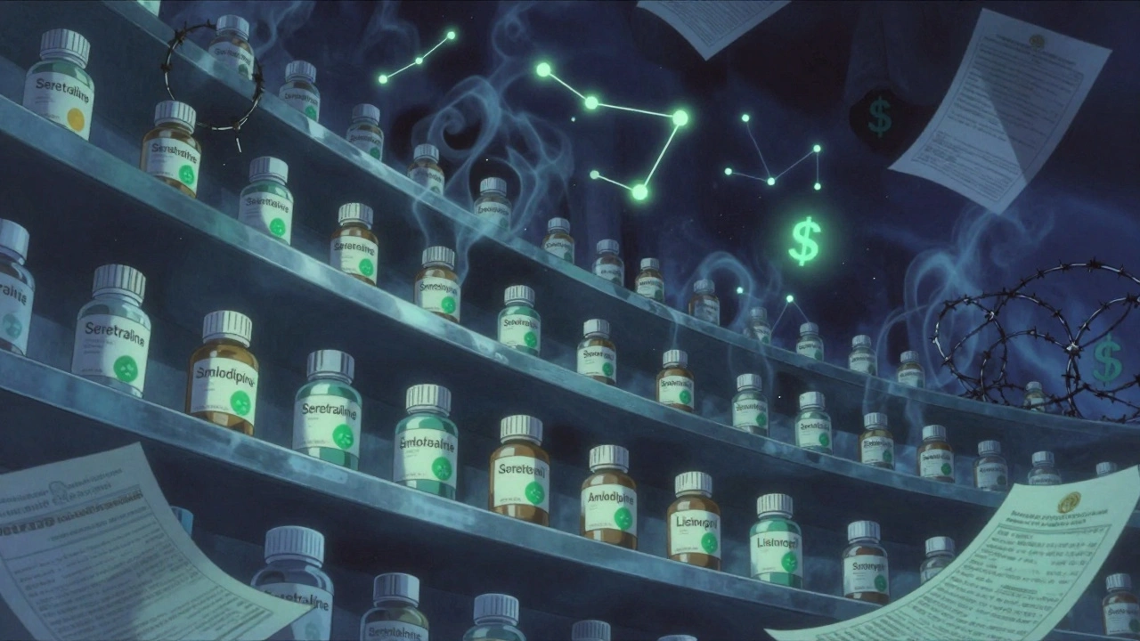 Floating generic medication bottles glowing with bioequivalence symbols against a backdrop of dissolving patents.