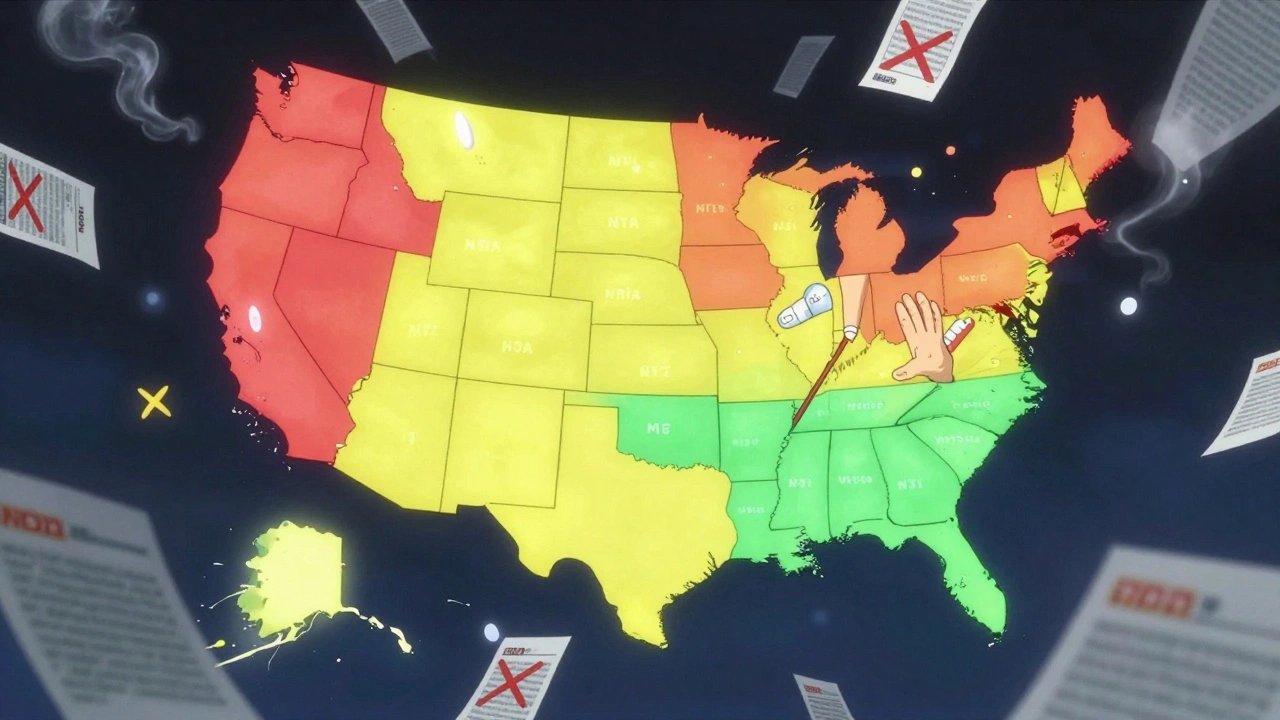 Floating U.S. map with color-coded states and dissolving prescription labels, anime surrealism