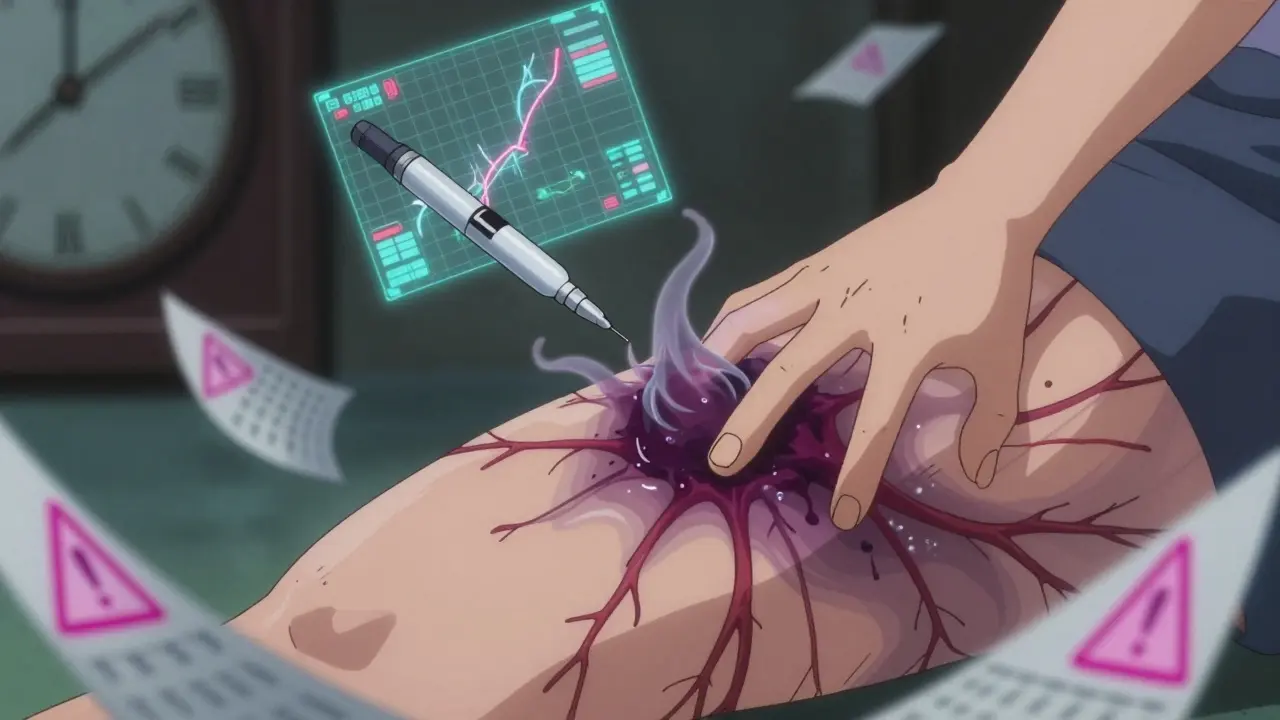 Hand pressing thigh with translucent blood vessels and bruising turning into scar tissue.