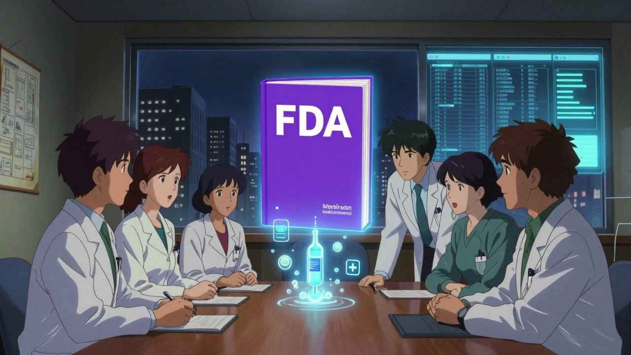 Healthcare providers gather around a holographic FDA guide as digital medical icons dissolve around them, representing education-driven change.
