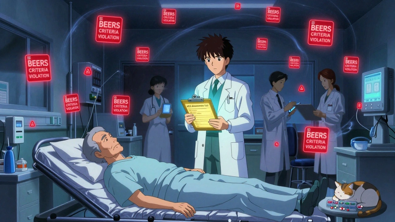 Hospital ER at night with chaotic digital alerts swirling around a calm pharmacist holding the AGS Alternatives List.