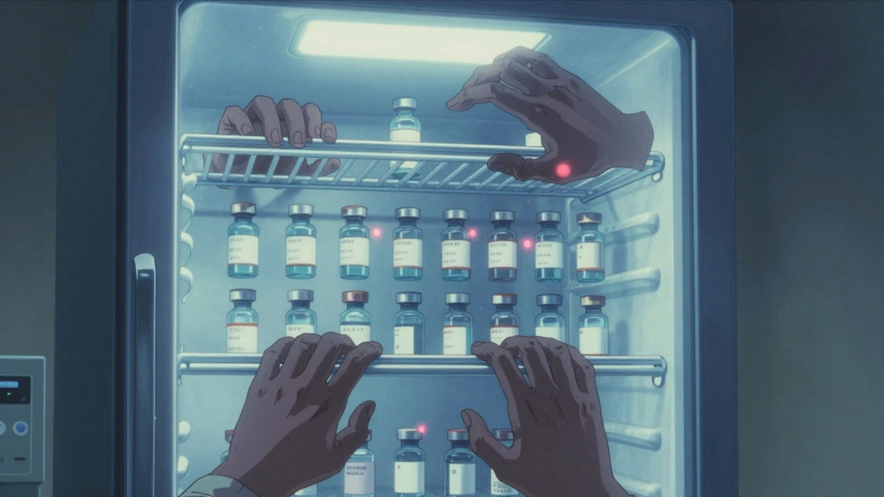 Medical fridge in a pharmacy with glowing vials, red alarm pulses visible on the door, shadows suggesting temperature instability.