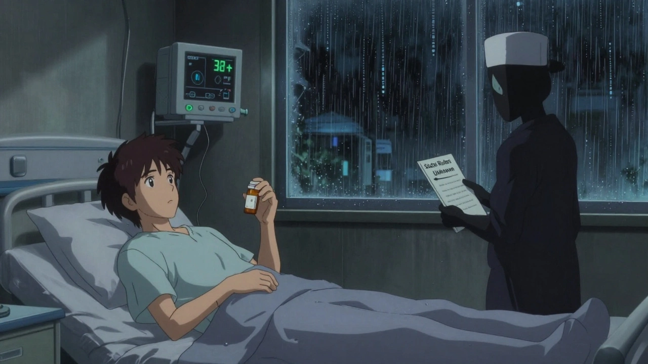 Patient in bedroom seeing hospital reflection in mirror, shadowy pharmacist with unknown rules