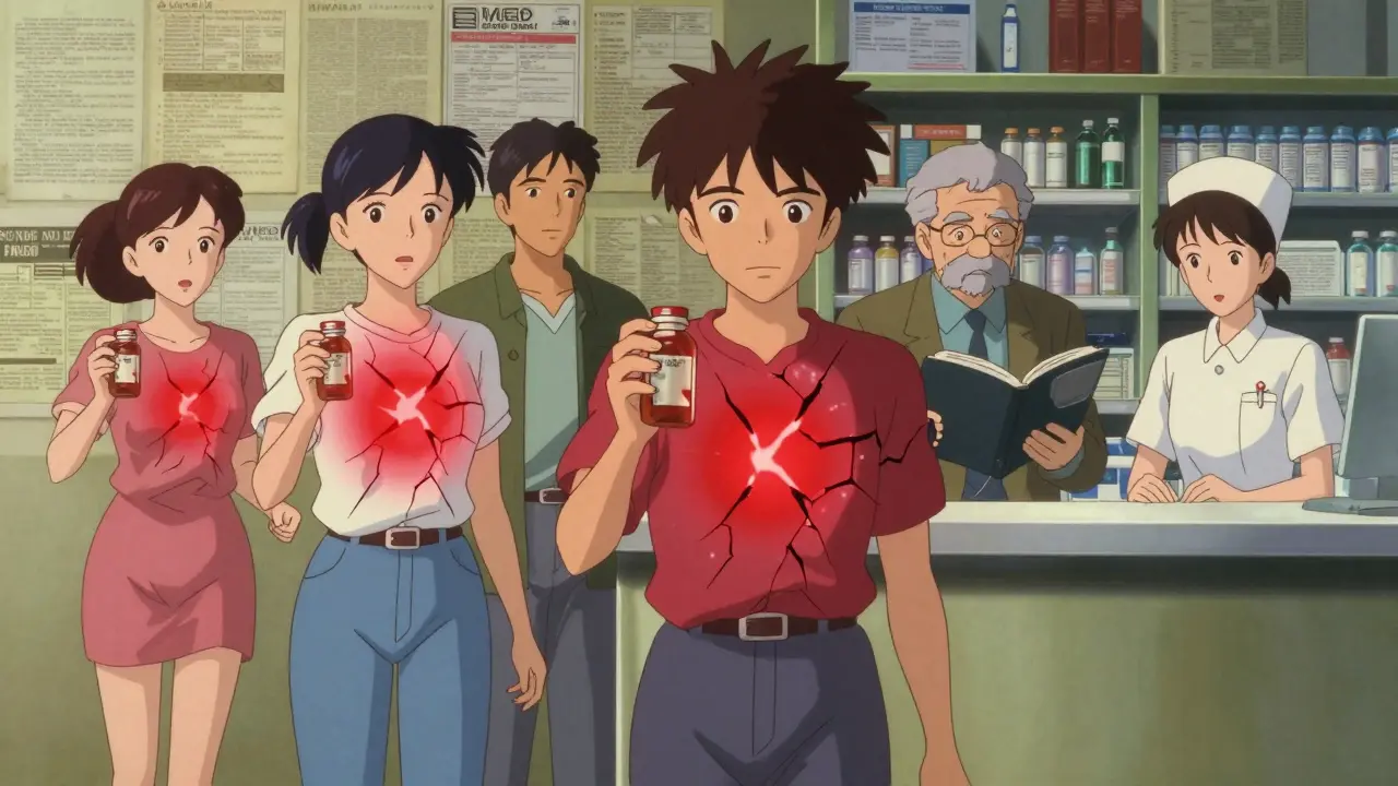 People hold Ginkgo bottles as red cracks spread across their bodies, symbolizing hidden bleeding risk.