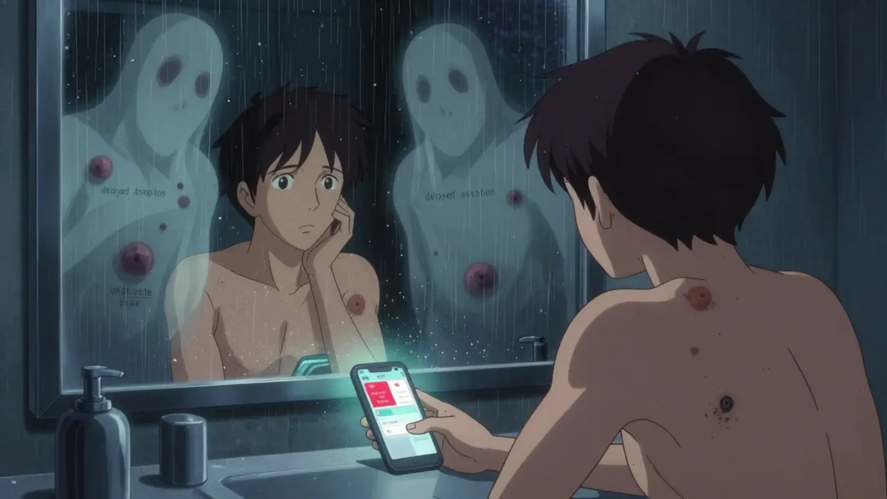 Person in mirror surrounded by spectral injection site ghosts floating in the air.