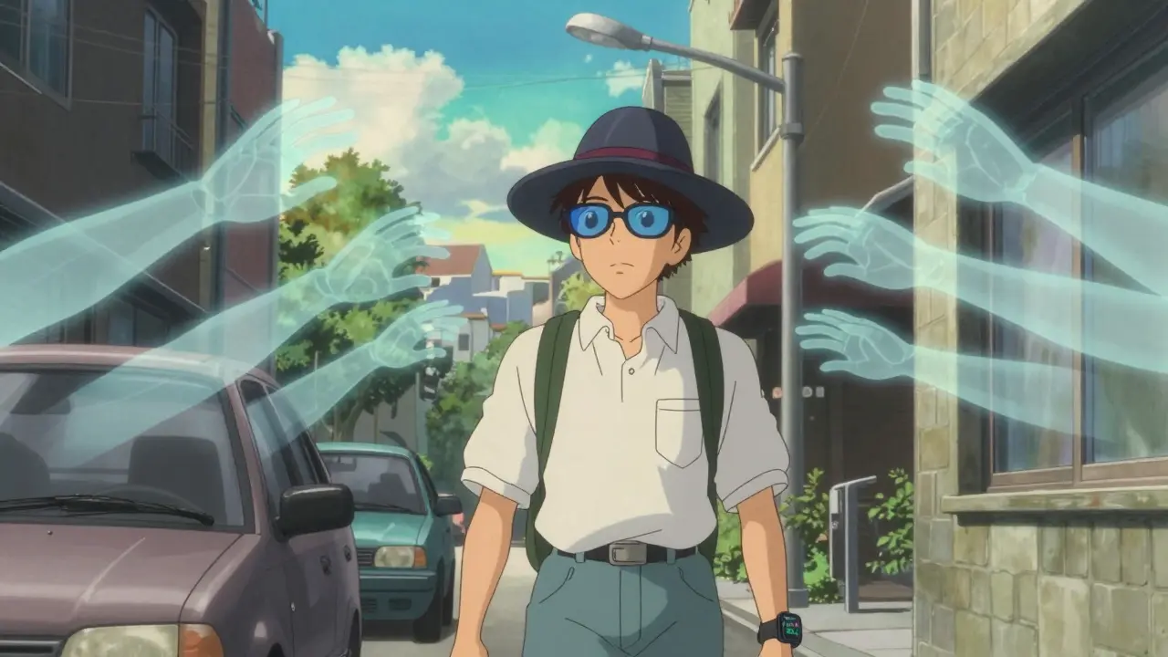 Person walking with protective gear, warning device on wrist, spectral UV hands reaching from surroundings.