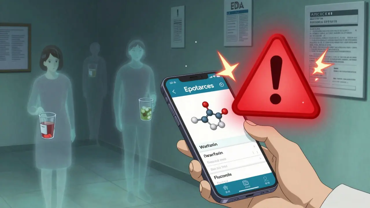 Pharmacist viewing a smartphone with molecular collision warning between warfarin and fluconazole.