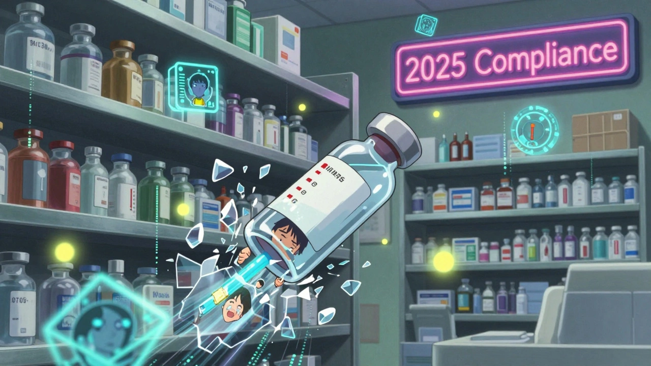 Pharmacy shelf dissolving into digital sensors and data streams, a shattered insulin vial turning into crying faces under a compliance sign.