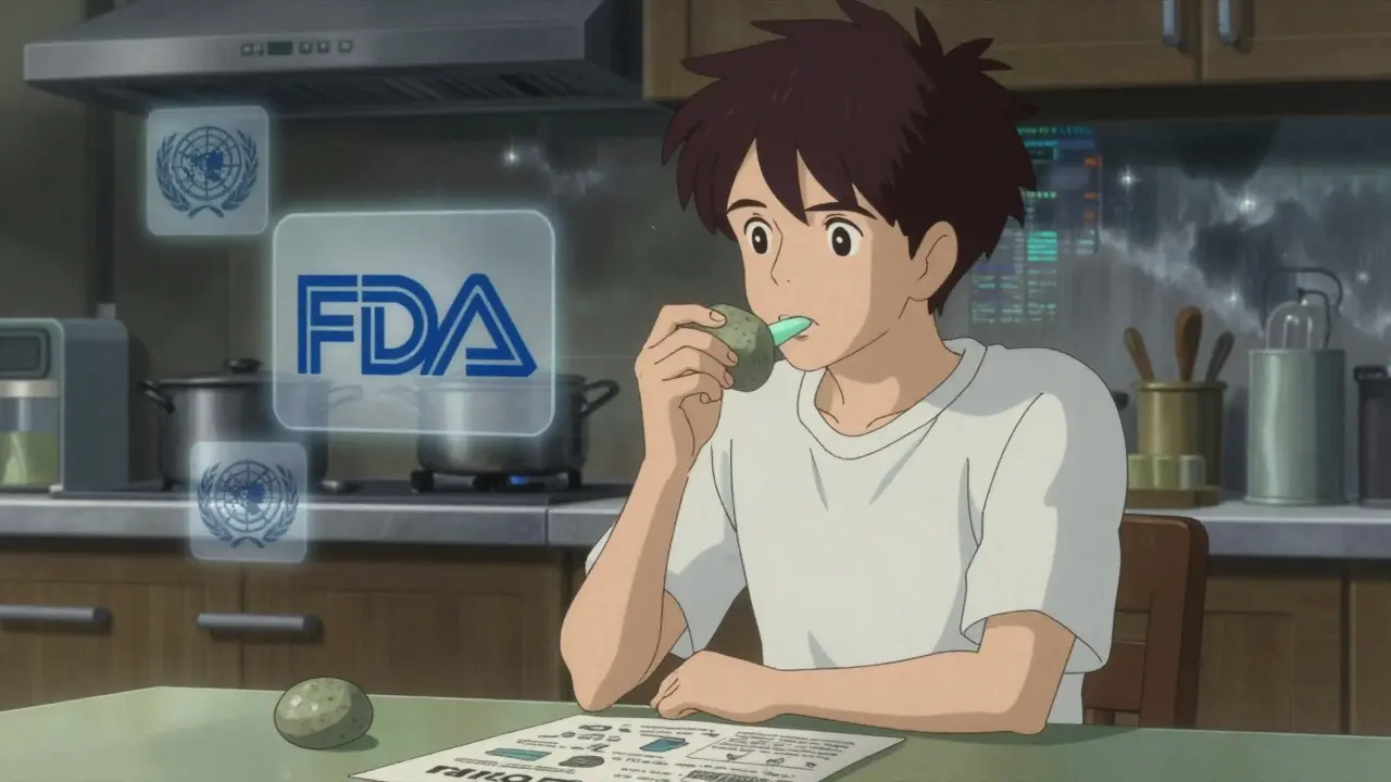 Someone grounded at a table with a stone and mint gum, serene amid floating official health agency logos.