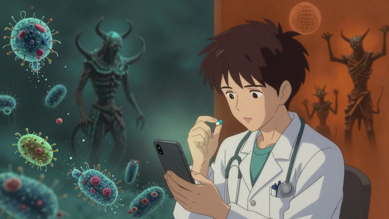 Someone taking TB medication via video call, with opposing images of bacteria fading or rising behind them.