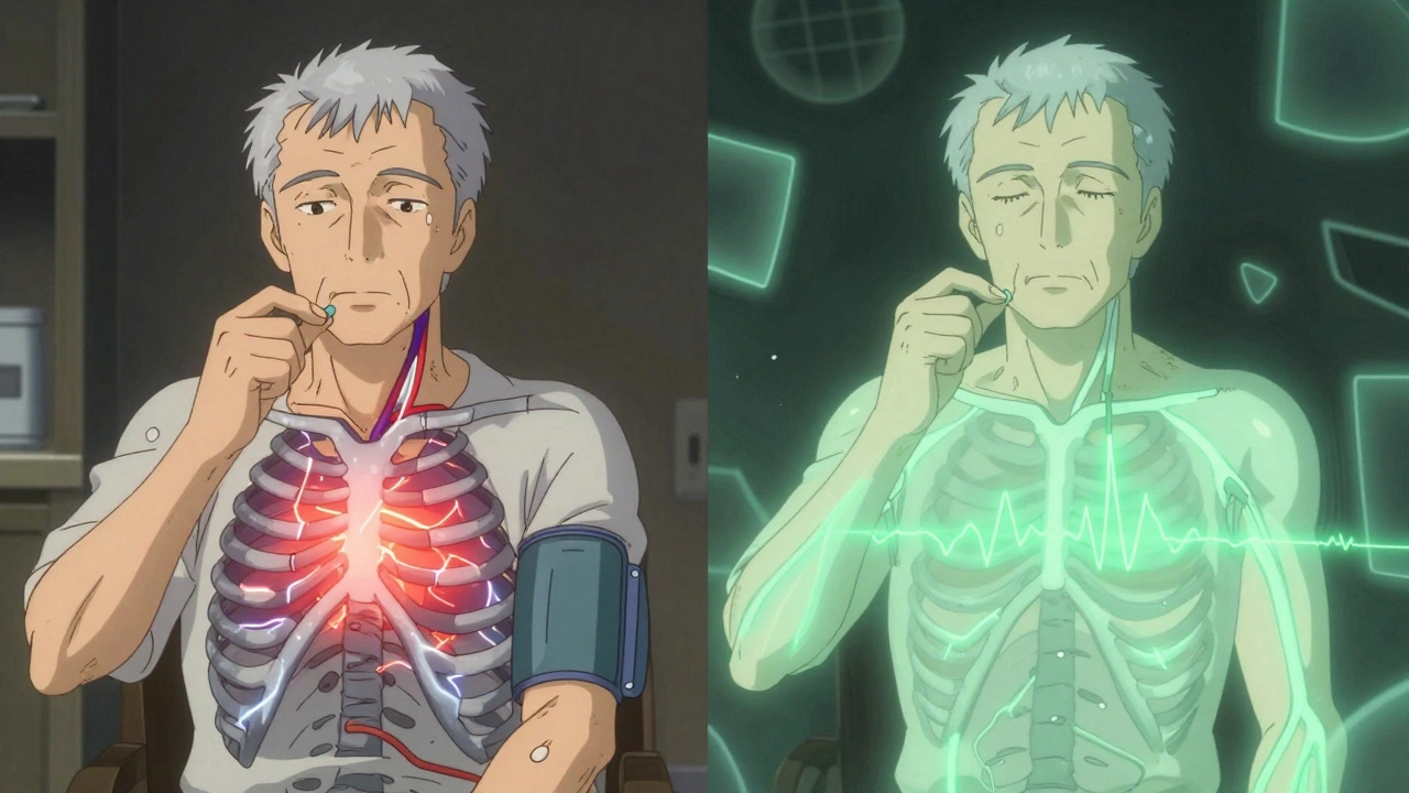 Split scene: elderly man&#039;s heart under stress from stimulants vs. calm with non-stimulant medication.