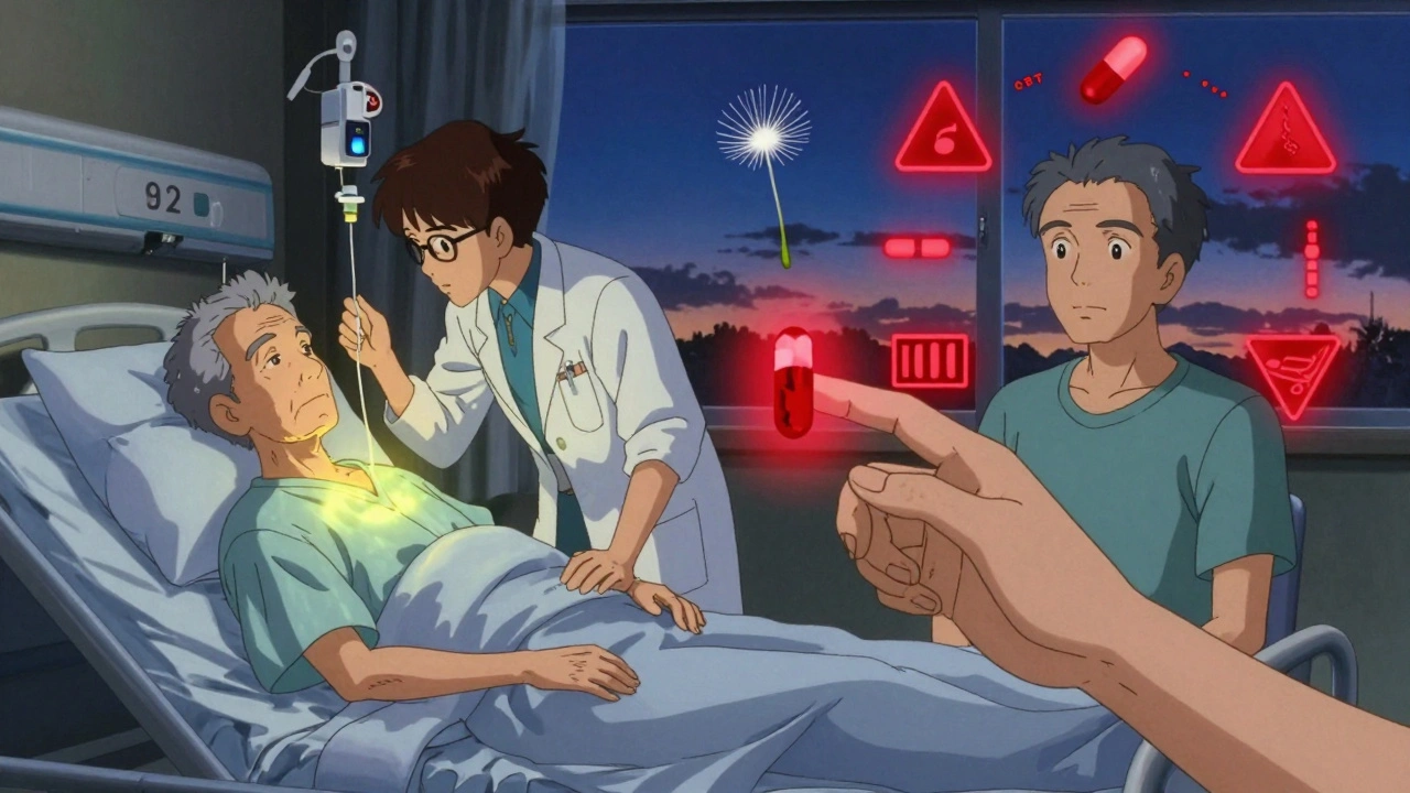 Split scene: frail patient in hospice with warm morphine light vs. sterile room with red opioid warnings, a dandelion seed floating between.