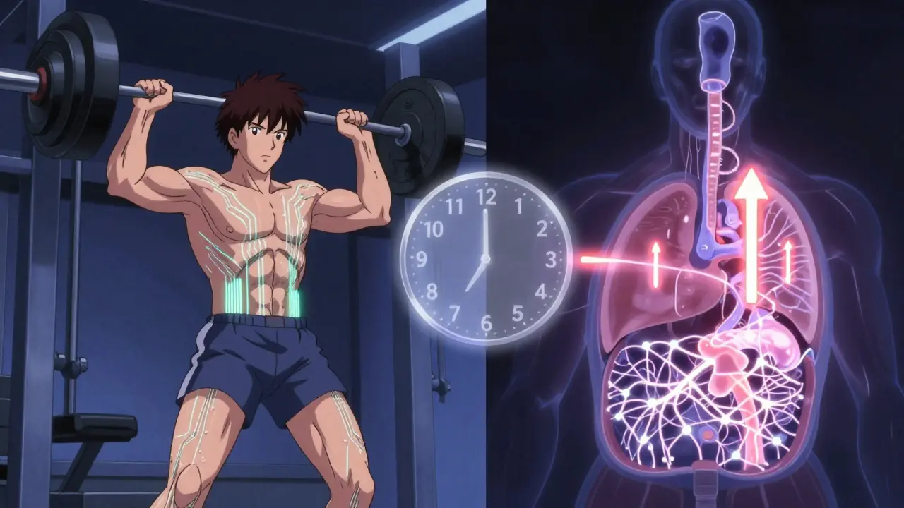 Split scene: person lifting weights with glowing muscles and internal hormone signals pulsing brighter over time.