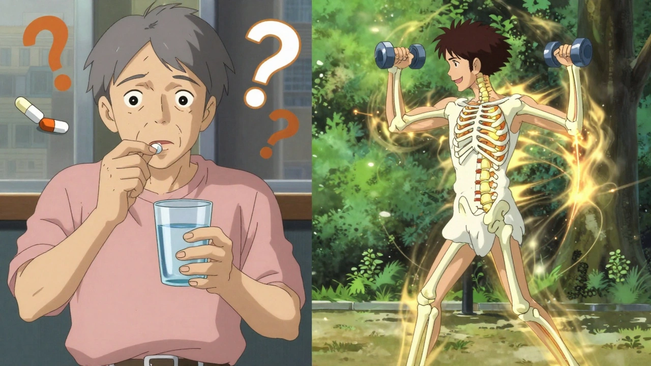 Split scene: person taking pills vs. exercising, with visible bone strengthening during physical activity.