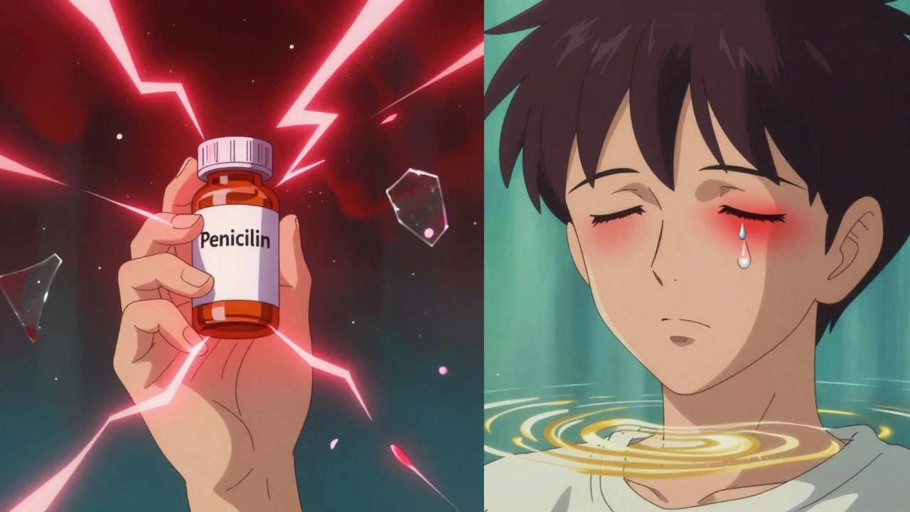 Split scene: systemic drug allergy on one side, localized eye relief from bepotastine on the other.