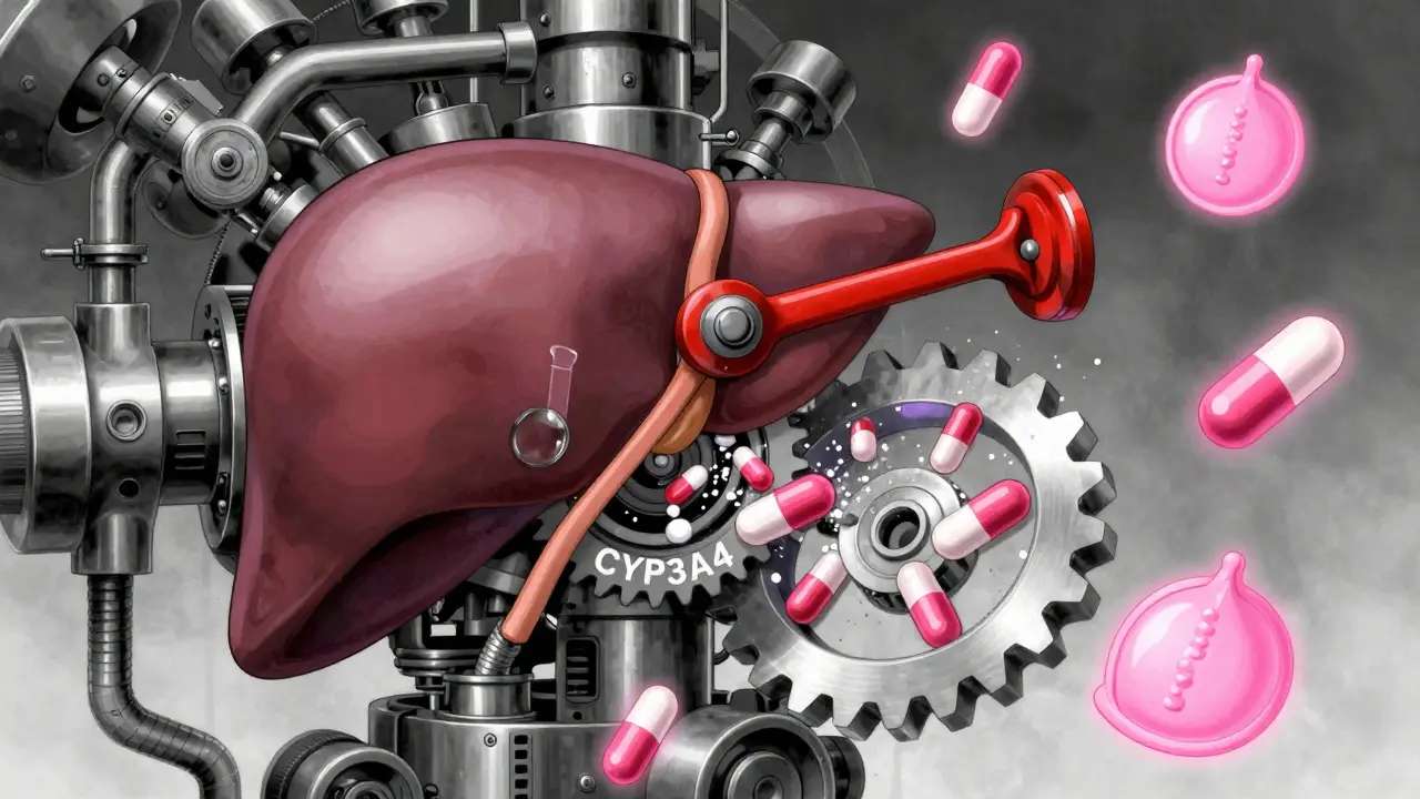 Surreal liver machine shredding contraceptive hormones, with IUD and condom floating safely.