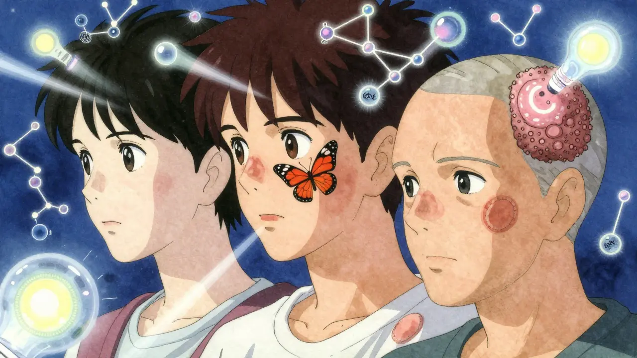 Three types of lupus rashes surrounded by glowing immune molecules, with UV rays penetrating light sources.