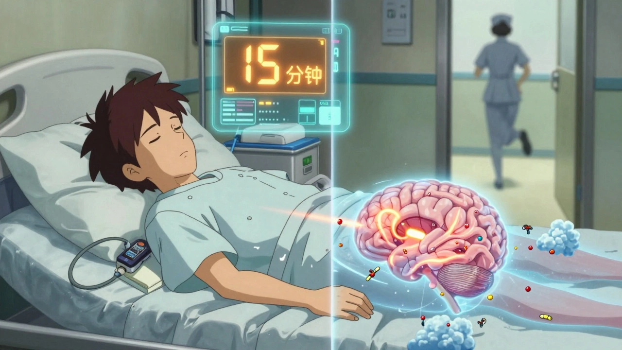 Transparent human body showing opioid molecules shutting down brainstem signals, with an AI alert hovering above.