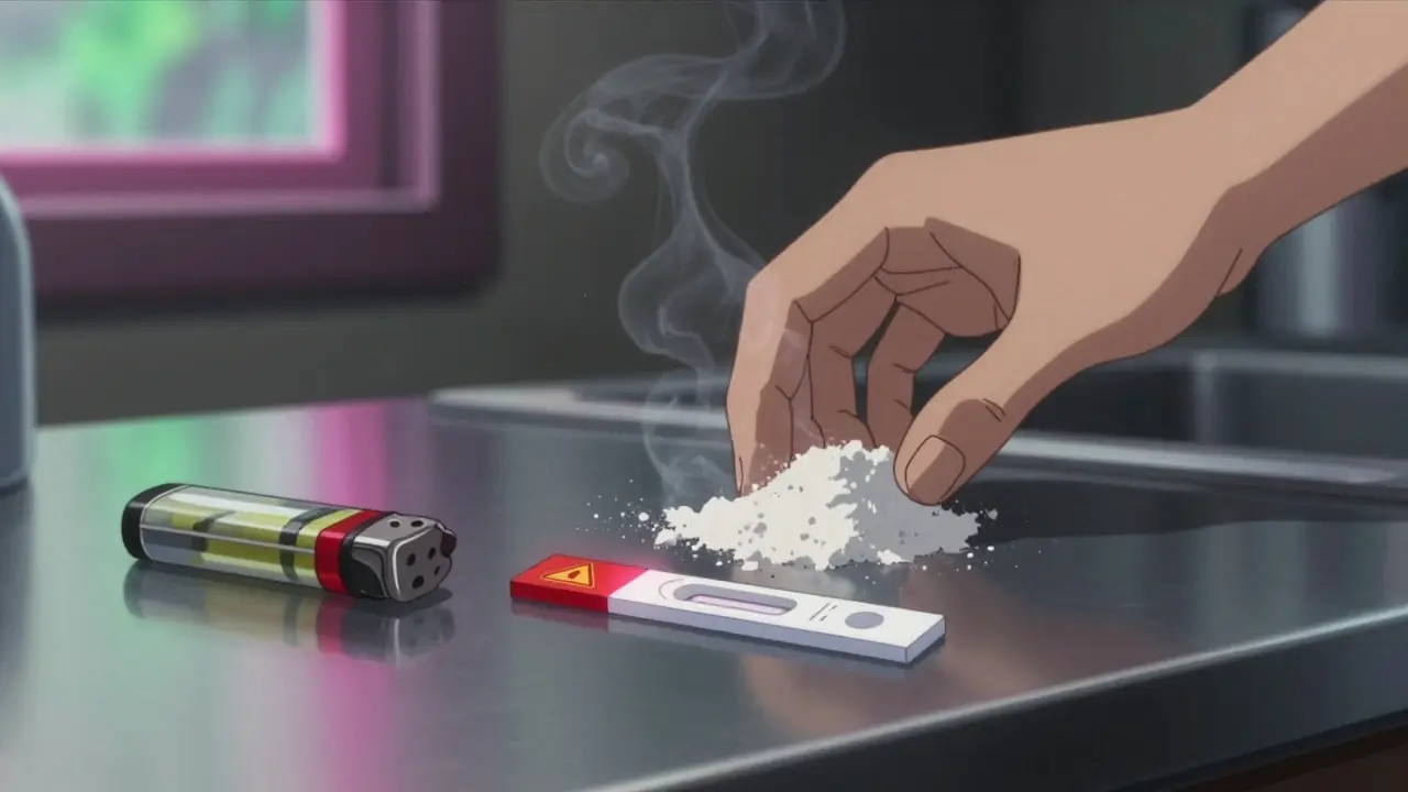 Two fentanyl test strips on a counter beside powder, one glowing red with warning, smoke swirling in the background.