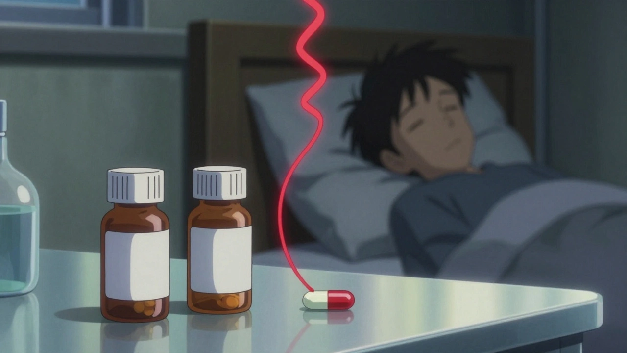 Two medication bottles connected by a glowing red thread, symbolizing the deadly risk of combining opioids and benzodiazepines.