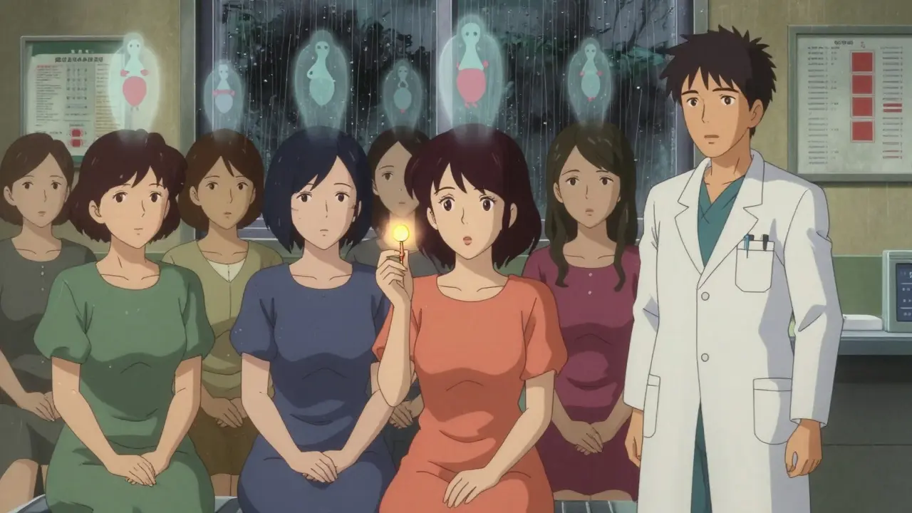 Women in clinic with ghostly pregnancy symbols, one holding copper IUD as only safe option.