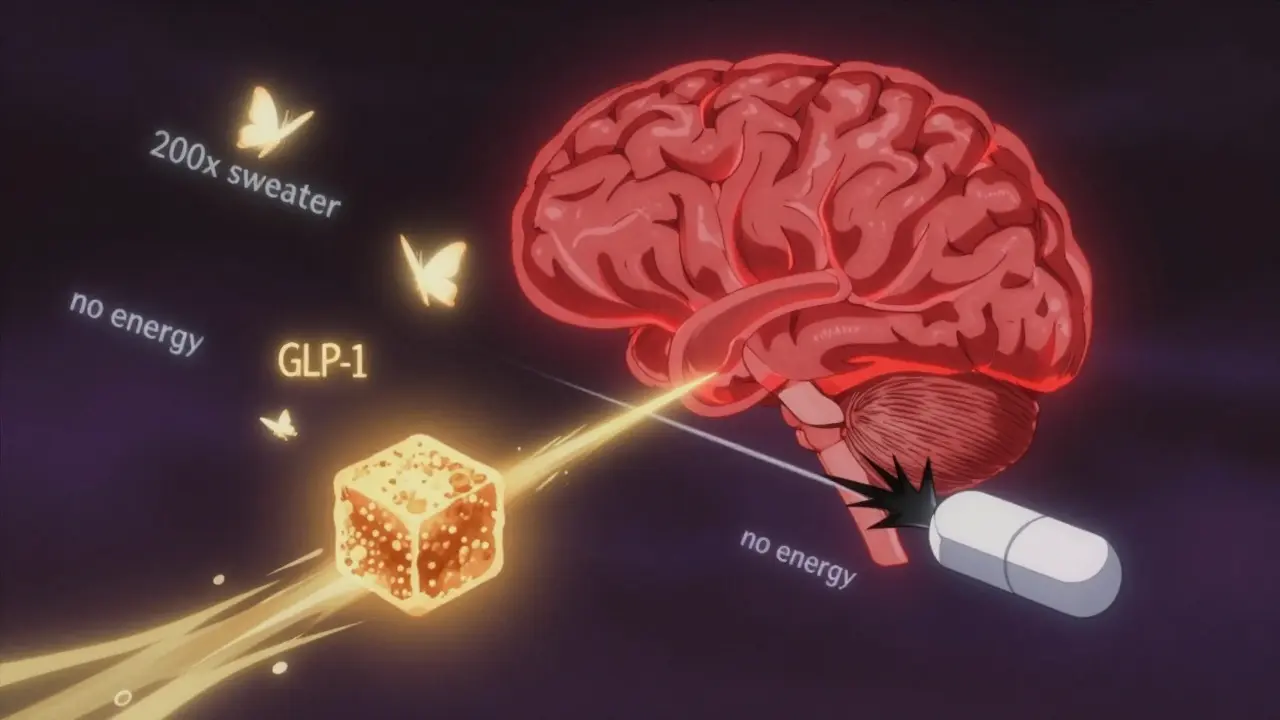A brain scan showing contrasting pathways for sugar and artificial sweeteners affecting hunger signals.