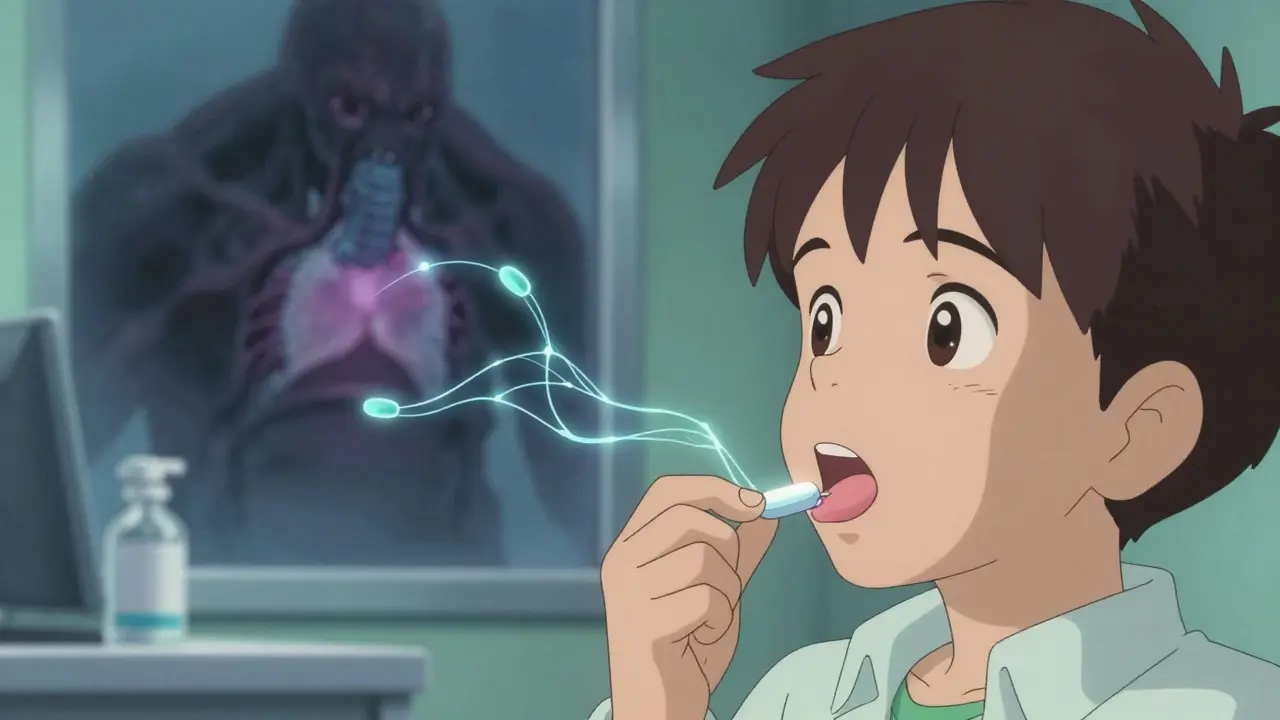 A child taking immunotherapy tablet as glowing antibodies unravel into fading asthma shadows.