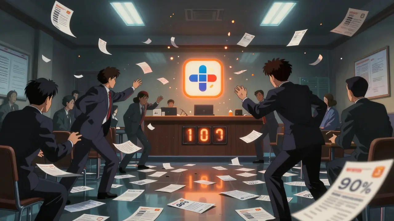 A digital courtroom where patents crumble into ash as a generic company's logo pulses with energy and prescription slips fill the air.