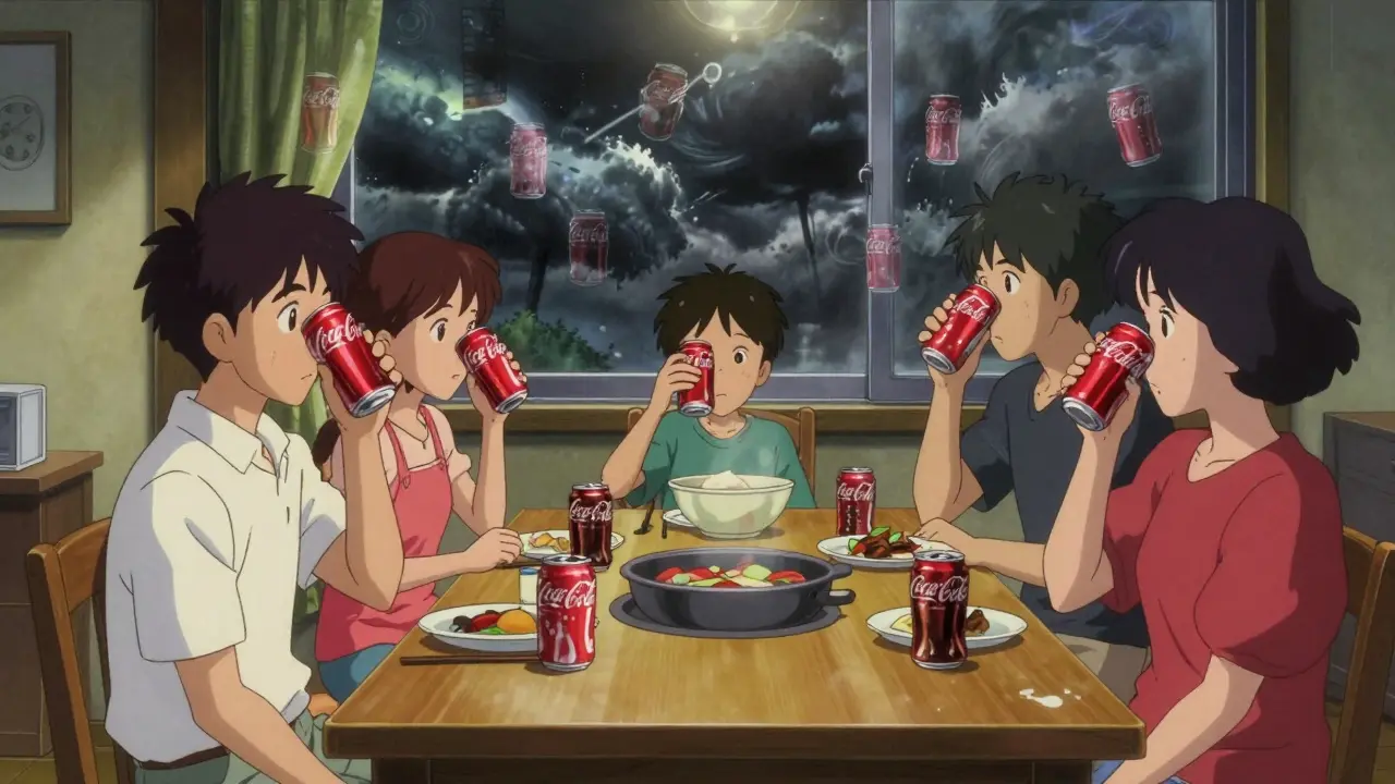 A family holding Coca-Cola cans during a stormy night, their reflections showing decades of brand memories in their eyes.
