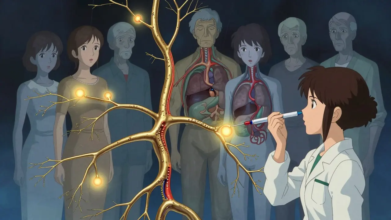 A family tree of veins with glowing gene mutations, symbolizing inherited iron overload and early detection.