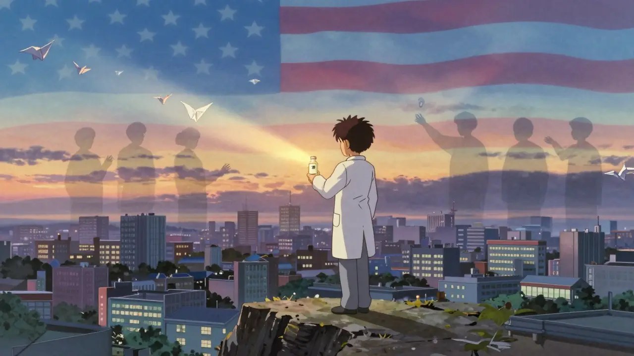 A lone figure holds a vial of generic medicine at dawn, casting light over a city while ghostly corporate figures reach from a mirror horizon.