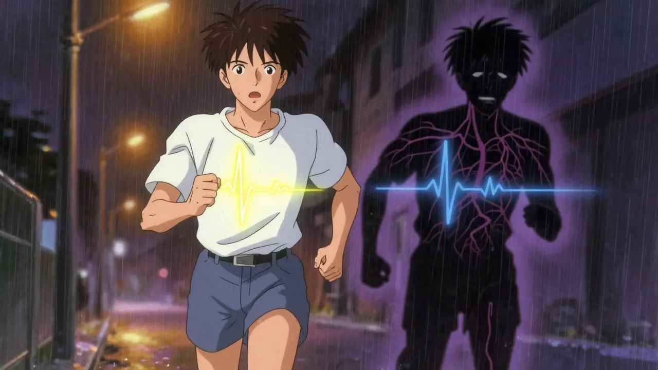 A man running with one side of his chest glowing in normal rhythm, the other side shadowed by fibrillation, rain falling around him.