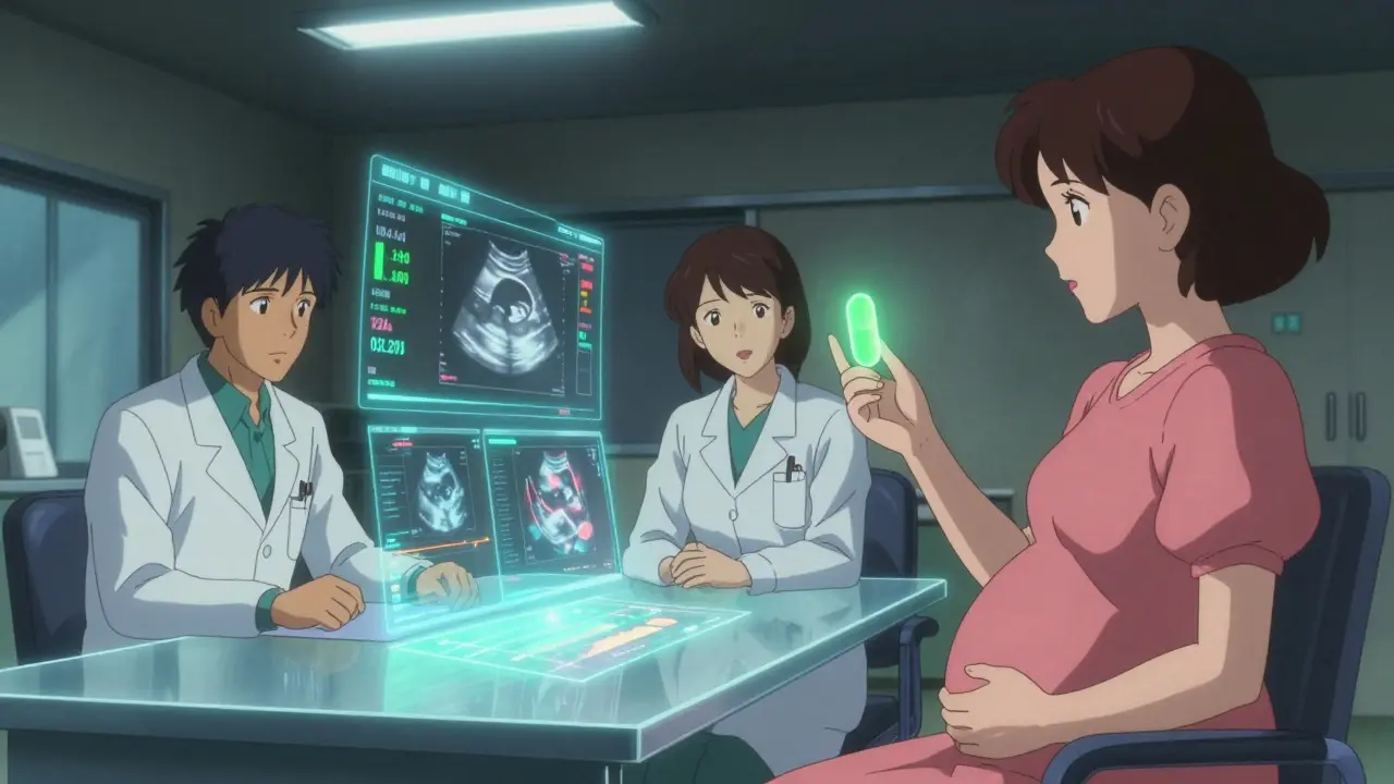 A medical consultation with holographic cholesterol data swirling above a pregnant woman and her care team.