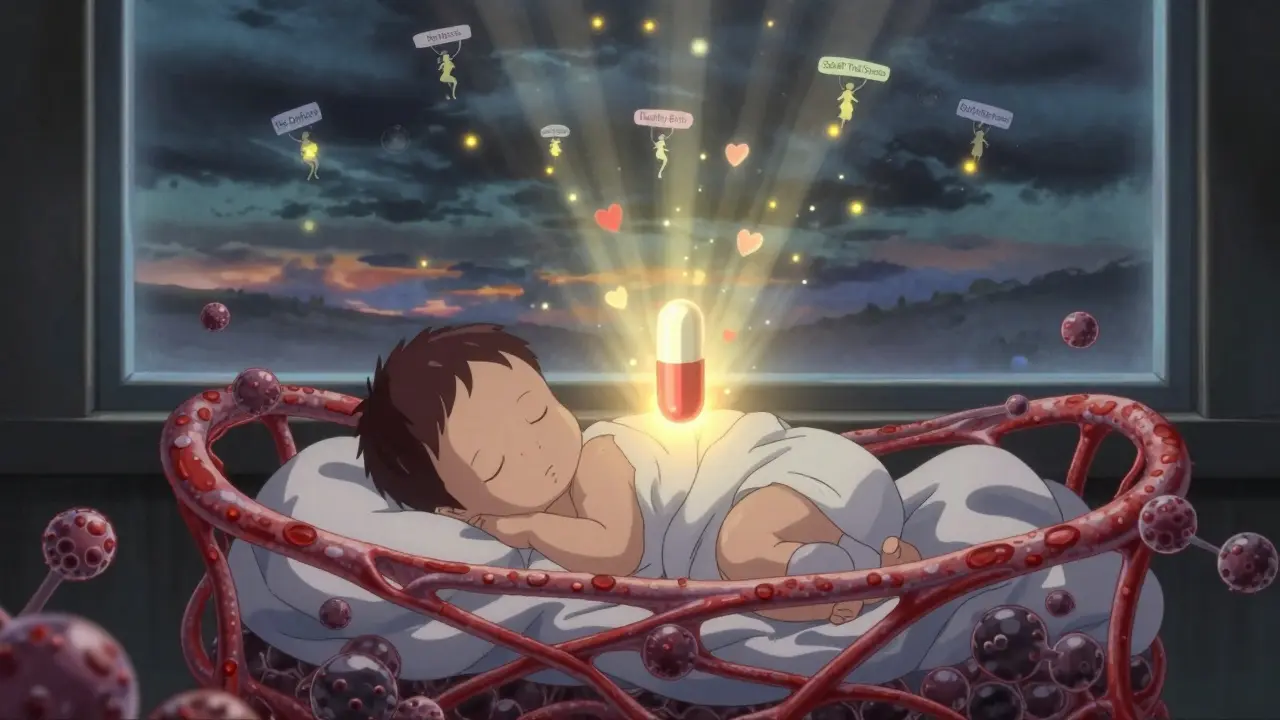 A newborn in a cradle of blood vessels, with statin pills emitting heart-shaped light as data fireflies rise in the dawn.