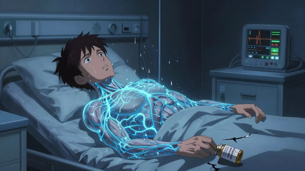 A patient in a hospital bed with glowing veins and rigid muscles, serotonin waves overwhelming their body.