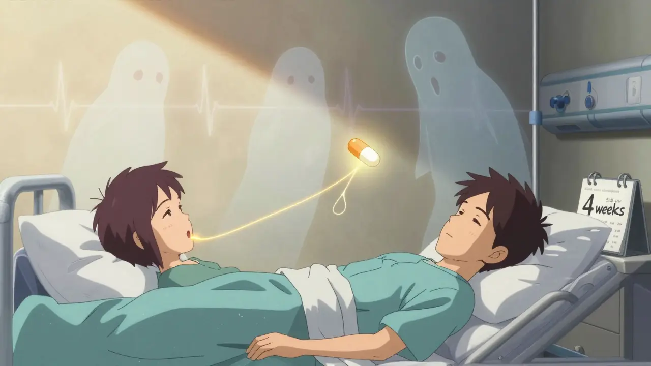 A patient post-ablation with a glowing blood thinner pill connected to their heart, ghostly clots fading behind them at dawn.