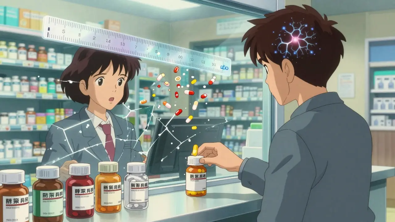 A patient reaches for a generic pill as their reflection shows fragmented brands, with a glowing bioequivalence boundary above.