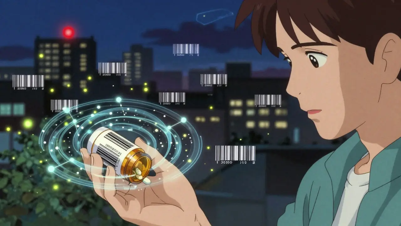 A patient’s hand receiving a pill bottle, its surface reflecting a digital web of blockchain and AI verification nodes.