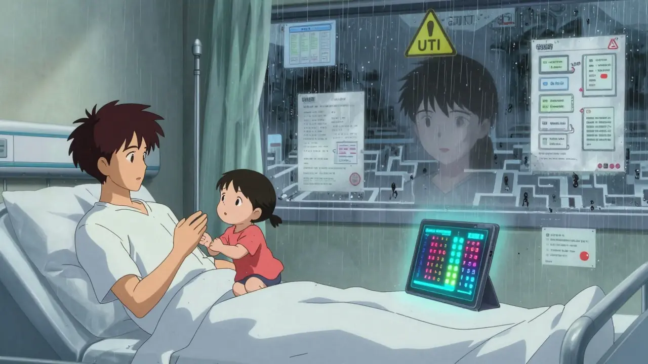 A patient split between two realities: alert with family vs. trapped in a medical maze, with a flickering brain test on a tablet.