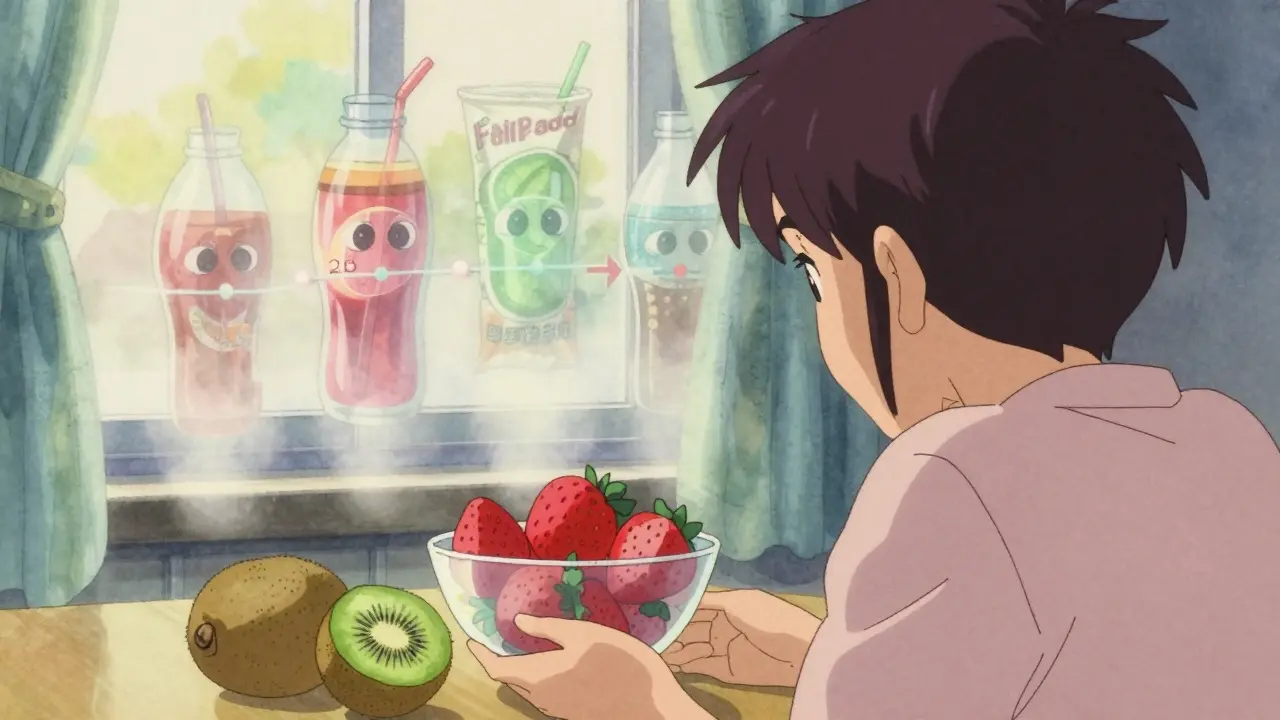 A person facing fresh fruit as ghostly diet drinks fade away, symbolizing taste rebirth after detox.