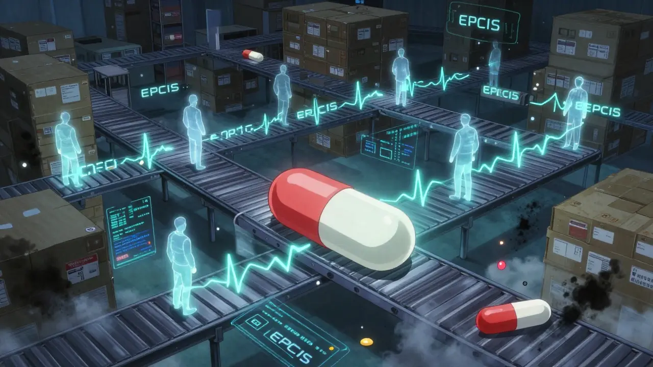 A pill traveling through a surreal supply chain of floating data streams and translucent figures verifying its path.