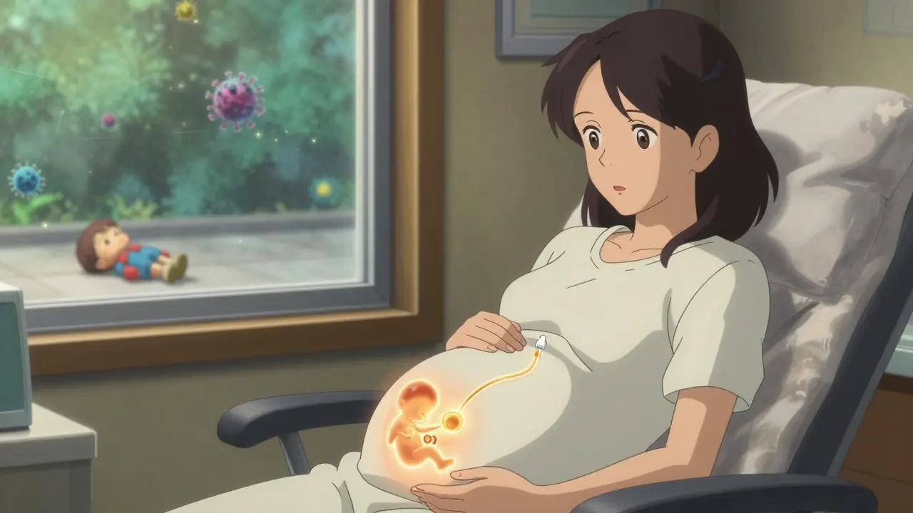 A pregnant woman receives an RSV vaccine as golden antibodies flow into her unborn baby, symbolizing protection.